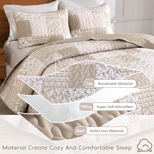 Mybedsoul Beige Boho Quilt King Size, Patchwork Floral Bedding Set - Image 3