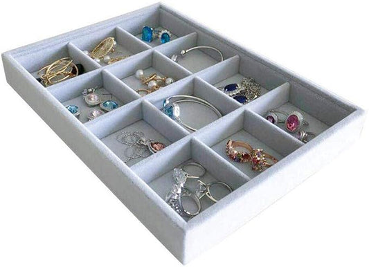 Grey Velvet Stackable Organizer Premium Grade Fabric Soft Protection for Jewelry Collection Removable Rearrangeable 12-Grid Drawer Divider Small Space Storage Ring Necklace Earring