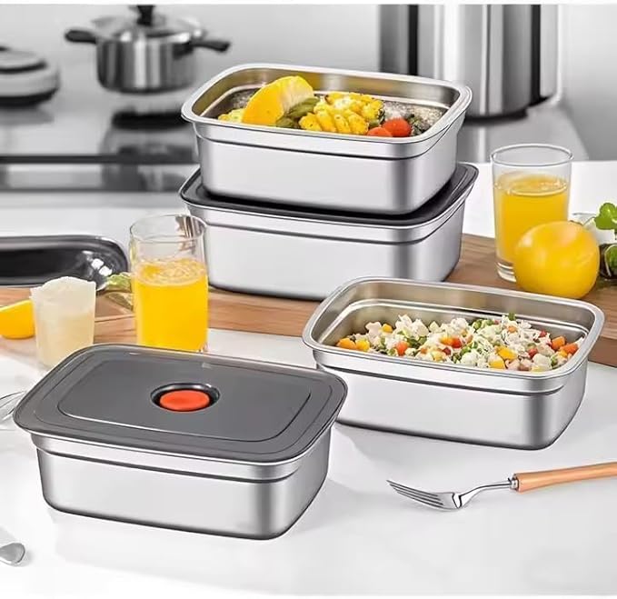 Fridge Storage Box 316 Stainless Steel Food Storage Containers | Food Grade, Leakproof Kitchen Organizer | Freshness Locking, Microwavable & Freezer Safe (1000ml Pack Of 03)