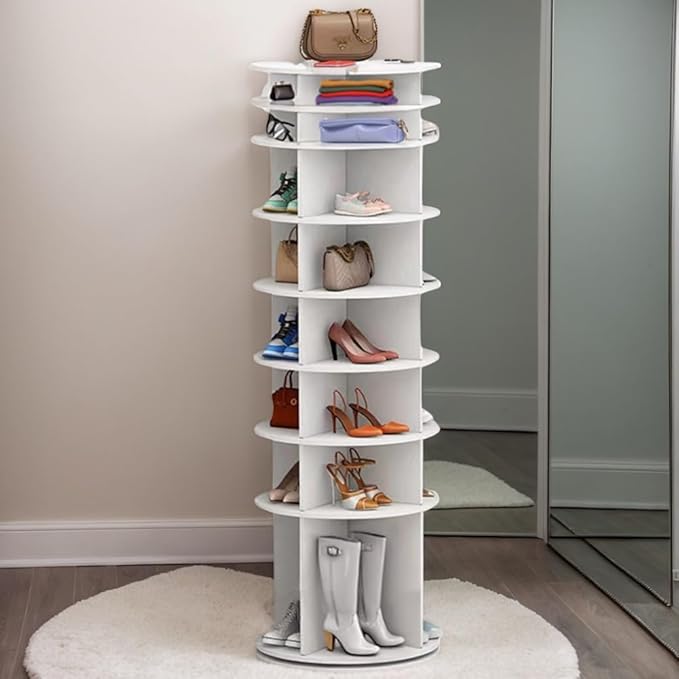 Shoe Organizer 6-Tier Spinning Shoe Rack - 360° Rotating Storage Organizer for 20-30 Pairs, Space Saving Narrow Design for Entryway/Closet Closet Handbag Display Rotate (White04)
