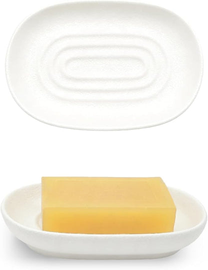 Ceramic Soap Dishes for Bar Soap- Matte White Textured Finish Bar Soap Holder for Bathroom Kitchen Sink & Shower - Easy to Clean Simple Oval Soap Dish Soap Tray for Soap Bars, Sponges, Jewelry