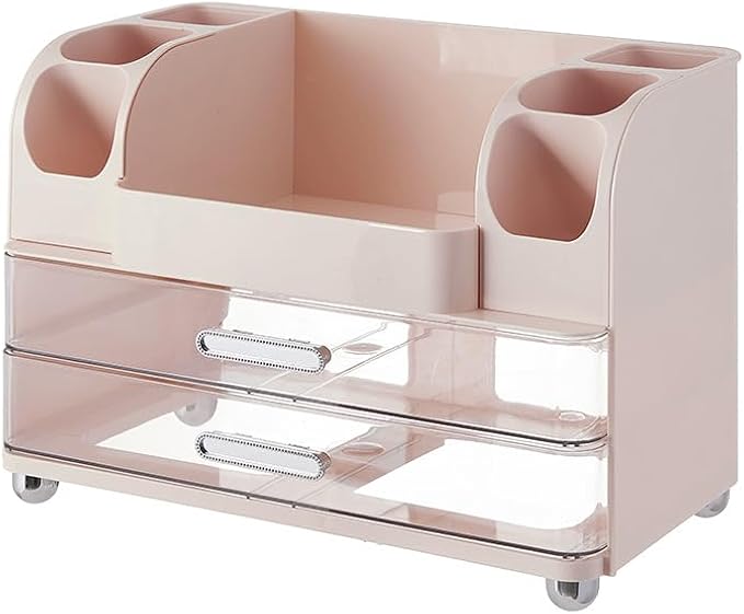 Makeup Organizer with Drawers for Vanity,Bathroom Countertop Organizer with Brushes Holder,Skincare Storage Organizer for Lipsticks,Nail Polishes, Perfumes,Eyeshadow Palettes (Pink)
