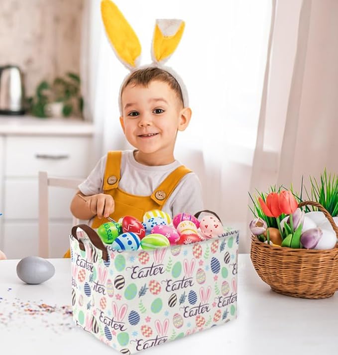 Rectangular Easter baskets , Kids Easter Basket Organizer.Cute Storage Basket with Handles.Boys and Girls,Easter Bunny Eggs Decor,Books,Easter Gifts . (Easter bunny eggs)