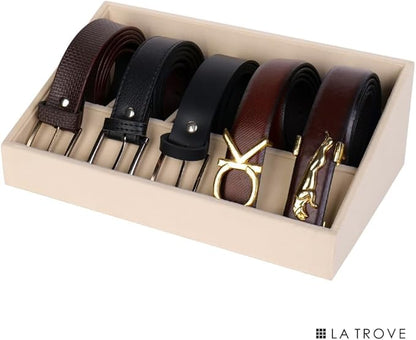La Trove 5 Slot Belt Organizer Tray, Velvet Drawer Insert for Men’s Belts, Belt Storage Organizer for Closet & Drawer, Cream