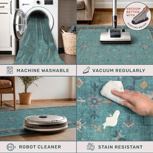 Washable Teal Rugs for Entryway Indoor - 3x5 Throw Rug for Large Kitchen, Bedroom Bedside, Bathroom, Mudroom, Boho Turquoise Modern Décor, Non Slip Low Pile Fade Resistant - Image 4