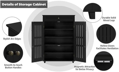 Topeakmart Shoe Rack Storage Cabinet Shelf 5 Tier Adjustable Shoes Organizer with Drawer Louvered Door for Entryway Hallway Furniture Living Room Black
