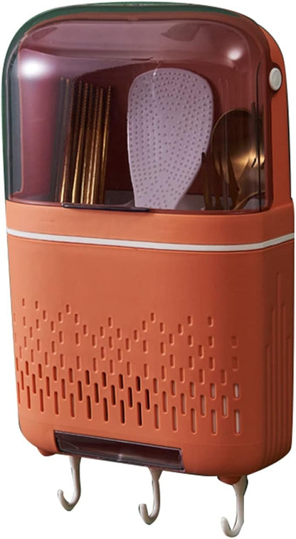 Coral Orange Chopstick Container - Rustproof Compartmental Storage Cutlery Drainer with Cover - Waterproof Chopstick Storage Rack - Hanging Kitchen Utensil Holder