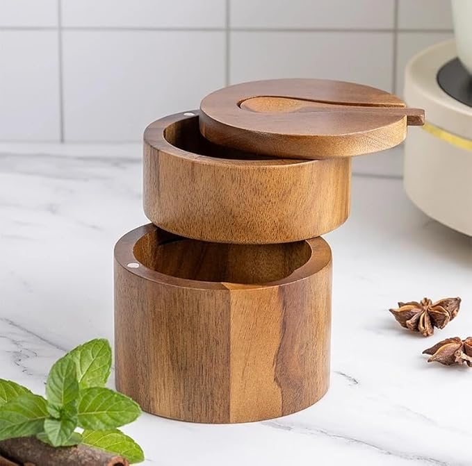 Wooden Salt Box with Magnetic Swivel Lid, Acacia Wood, Dual Compartments, 9x10.5cm, Kitchen Storage Container with Spoon