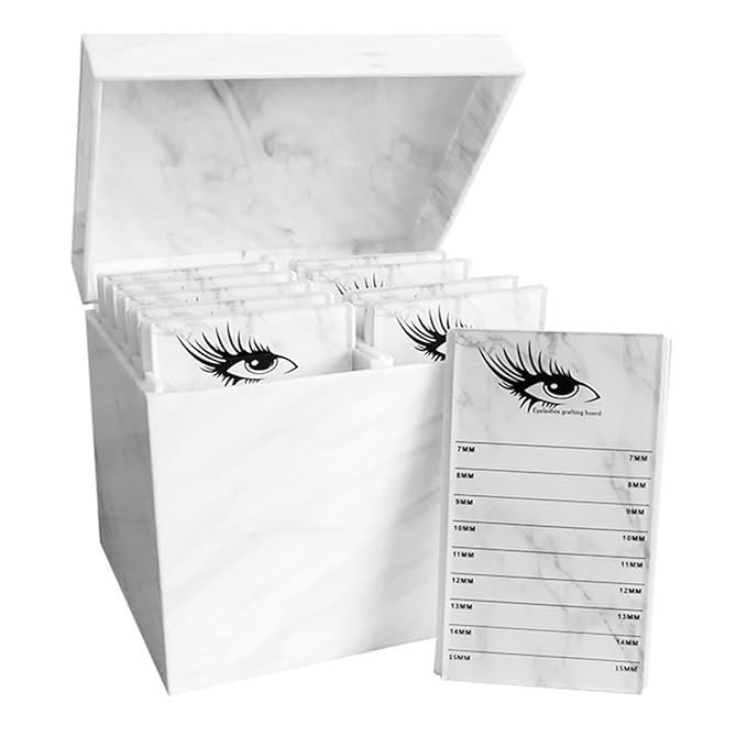 10 Layers Acrylic Eyelash Storage Box,Eyelash Holder Extension Tool,Makeup Organizer False Eyelashes Glue Pallet Holder, Grafting Eye lashes Close-Packed Display with 10 Pallets (Marble White)