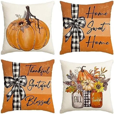 AVOIN colorlife Fall Pumpkin Home Sweet Home Throw Pillow Covers, 16 x 16 Inch Autumn Thankful Grateful Blessed Harvest Floral Orange Decorations for Sofa Couch Set of 4 by AVOINcolorlife