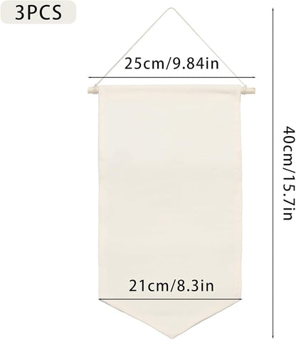 3 PCS Canvas Banner Blank with Wooden Dowel, Canvas Banners Wall Hanging Brooch Jewelry Badges Display, Enamel Pin Wall Organizer for Buttons Earrings (White, Small)