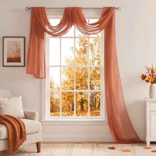 MIULEE Fall Extra Long Sheer Scarf Valance 54"x216" Burnt Orange One Panel by MIULEE