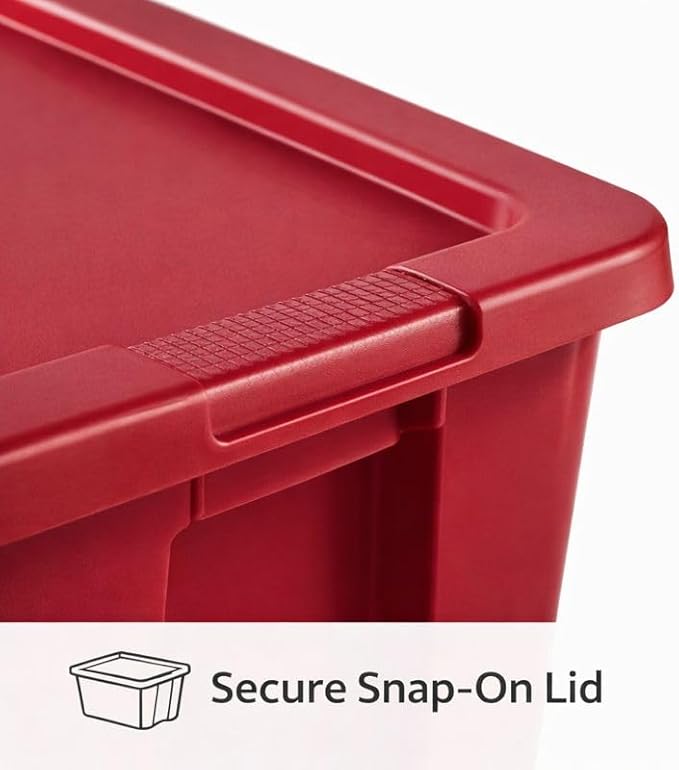 18 Gallon Plastic Storage Tote with Secure Snap-On Lid, Stackable Storage Bin for Linens, Seasonal Decor, Keepsakes & Home Organization (Red)