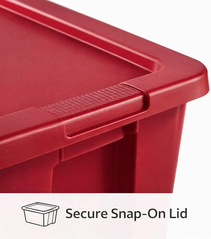 18 Gallon Plastic Storage Tote with Secure Snap-On Lid, Stackable Storage Bin for Linens, Seasonal Decor, Keepsakes & Home Organization (Red)