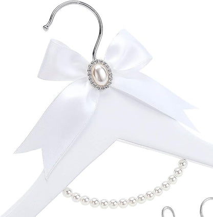 White Solid Wood Bridal Dress Hanger with Bridal Wire Lettering for Bridal Wedding Party Gift (White Hanger Silver Thread and Pearl Chain)