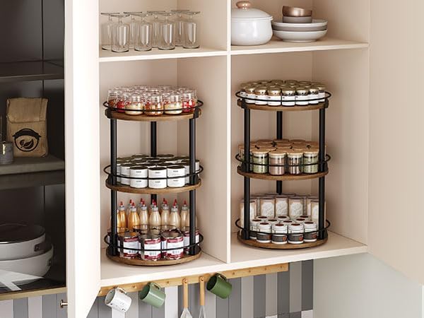 YATINEY Spice Rack, Set of 2 Lazy Susan Organizer, 3-Tier Turntable Organizer For Cabinet, Compact and Versatile, for Kitchen Countertop, Rustic Brown SR23L2BR