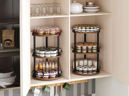 YATINEY Spice Rack, Set of 2 Lazy Susan Organizer, 3-Tier Turntable Organizer For Cabinet, Compact and Versatile, for Kitchen Countertop, Rustic Brown SR23L2BR