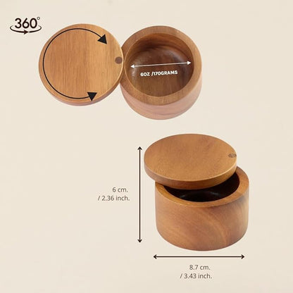 SiamMandalay Wooden Salt Cellar Box or Wood Spice Storage Container with Swivel Lid (6 oz,170 grams) – Countertop Handmade Acacia Herb, Tea Leaf, Sugar or Seasoning Holder Kitchen Accessory