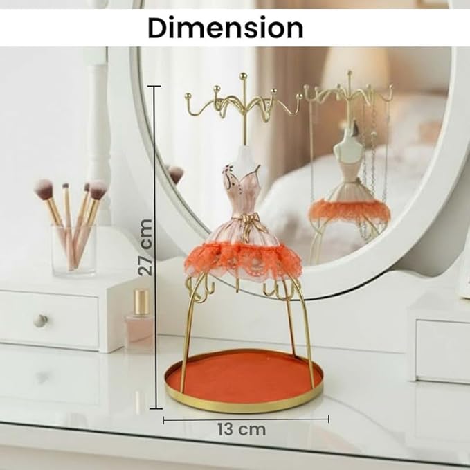 Go Hooked Doll Dress Jewelry Holder Stand | Jewelry Organizer Stand with Hooks for Necklaces, Earrings, Bracelets & Rings | Decorative Jewelry Storage Display for Dressing Table Bedroom (Orange)