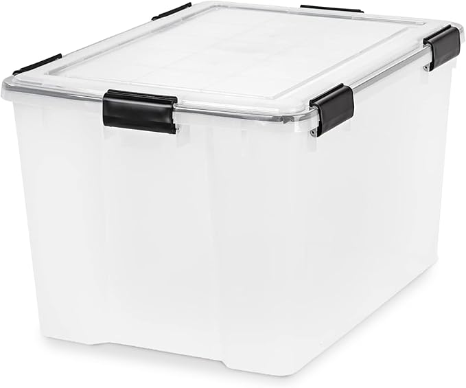 IRIS USA WeatherPro 74 Qt Storage Bins with Lids, 2 Pack, BPA-Free Plastic Gasket Box with Tight Latch and Seal, Stackable Nestable Tote Tub - Clear/Black