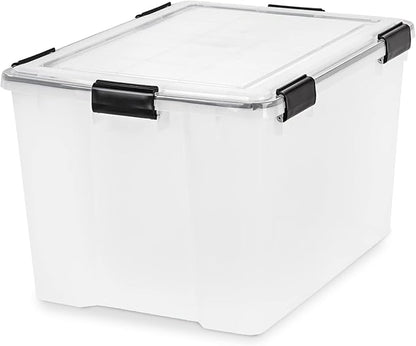 IRIS USA WeatherPro 74 Qt Storage Bins with Lids, 2 Pack, BPA-Free Plastic Gasket Box with Tight Latch and Seal, Stackable Nestable Tote Tub - Clear/Black