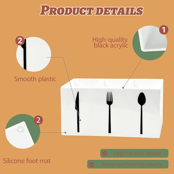 Acrylic Cutlery Storage Organizer Bin,3 Section Silverware Caddy with Spoon Fork Organizer, Clear Plastic Utensil Holder for Kitchen Countertop, Cabinet, Dining Room (White)
