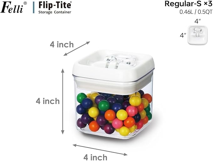 Felli Flip Tite Food Storage Container 4" Medium Size Airtight Lid Lock Top, Stackable Kitchen Canister for Space Saving, Pantry Fridge Cupboard Organizer, Spice Seasoning Pet Treats Snack (0.5 qt)