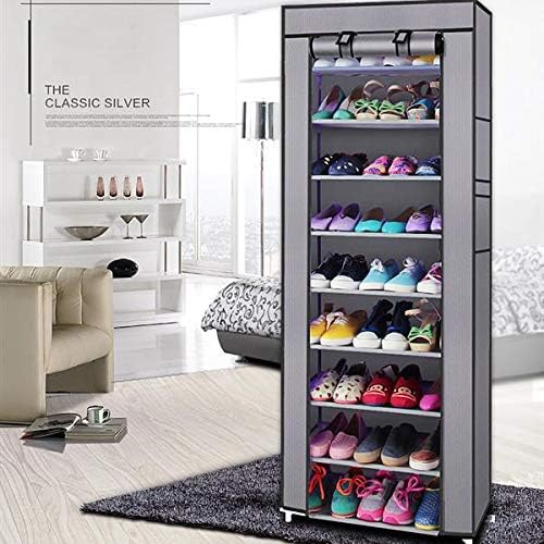LIKOVSCI 10 Tier 27-Pairs Shoe Rack Tool Free Easy Assembled Shoe Shelf Storage Organizer with Dustproof Nonwoven Fabric Cover (Gray, 9-Tier)