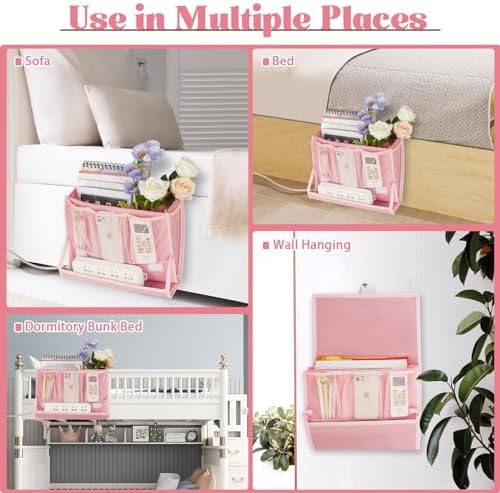 Bedside Caddy Organizer for Dorm Bed Rails with 7 Pockets, Pink - Image 6