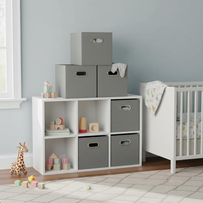 Household Essentials Fabric Storage Bins 6 Piece Set, Strong Poly-Woven Fabric, Sturdy Chipboard Sides, Grommet Front Handle, Stackable and Foldable, Classic Design, Dove Gray