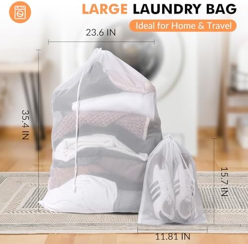 2 Pack Mesh Laundry Bags - Large & Small Heavy Duty Mesh Laundry Bag with Drawstring, Wash Bags for Travel, College, Dorms, Sports, Family, White - Image 2