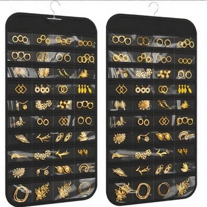 Hanging Jewelry Organizer Pockets Canvas Double Sided Rotating Hanger Necklace Hanging Wall Organizer Jewelry Roll for Earrings, Necklaces,Sunglasses,rings (80-Pocket Black)