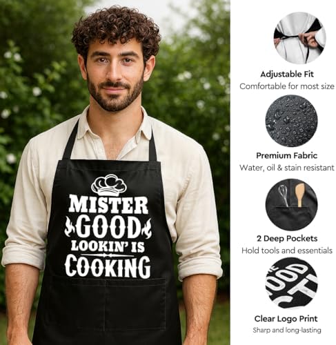 Funny Black Grill Apron with Pockets for Man,Dad,Husband,Father in Law,Chef Daddy Grilling Apron BBQ Cooking Gifts - Image 3