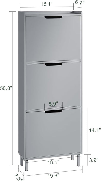 Haotian Slim Shoe Cabinet Entryway, Hidden Shoe Storage with Three Flip Drawers to Save Space, Freestanding Shoe Rack for Front Door, Entryway, Hallway Grey
