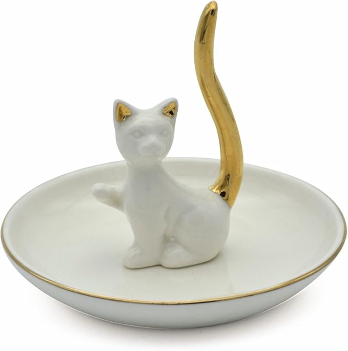 Love Cat Posture Ring Holder Jewelry Storage Dish Trinket Tray Decorative White Plated Golden Tail.