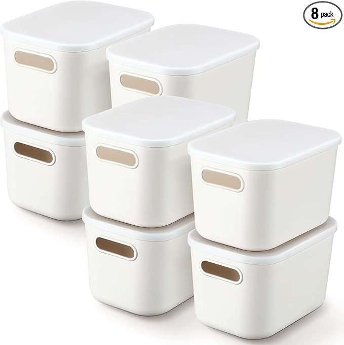 Tuanse 8 Pieces White Plastic Storage Bins with Lids, Stackable Storage baskets with Handle Containers Box for Shelves Drawers Desktop Playroom Classroom Office Organization(7.3 x 10.2 x 6.5 Inches)