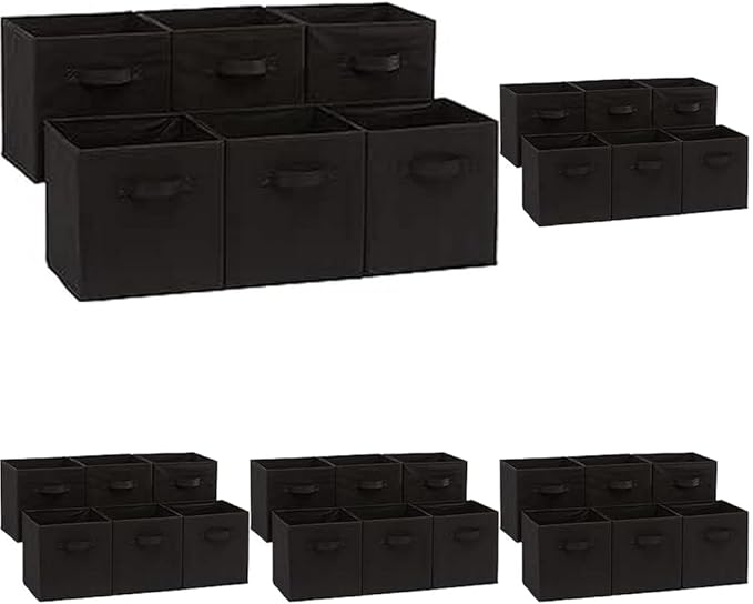 Amazon Basics Collapsible Fabric Storage Bins Organizer with Handles, Sturdy, Foldable, 10.5" x 10.5" x 11", Black, 6 Count (Pack of 5)