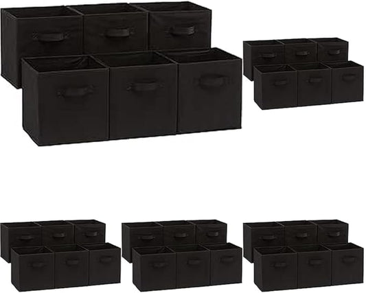 Amazon Basics Collapsible Fabric Storage Bins Organizer with Handles, Sturdy, Foldable, 10.5" x 10.5" x 11", Black, 6 Count (Pack of 5)