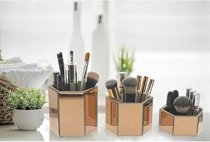 OnDisplay Tressa Set of 3 Hexagon Mirrored Trays for Makeup/Cosmetics, Brushes, Office, Jewelry and Accessories (Rose Gold)