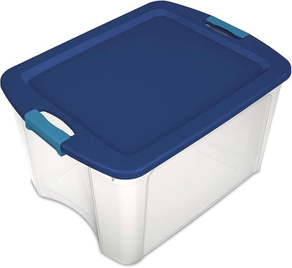 Sterilite 18 Gal Latch and Carry, Stackable Storage Bin with Latching Lid, Plastic Container to Organize Closets, Clear with Blue, 6-Pack