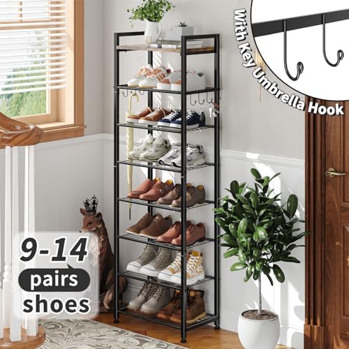 Simple Trending 8 Tiers Shoe Rack 16 Pairs Tall Wooden Shoe Shelf, Black - Image 3