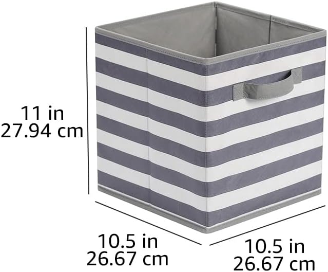 Amazon Basics Collapsible Fabric Storage Bins with Handles, Cube Organizer for Home Organization, 10.5"x10.5"x11", White/Light Grey Stripe, 6-Pack