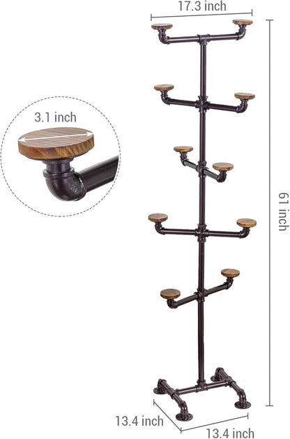 MyGift Hat Rack Stand, Cowboy Hat Tree with 10 Round Rustic Burnt Wood Hat Hangers, Industrial Metal Decorative Pipework Stand with Hooks for Hanging Hats or Wigs, Entryway, Bedroom