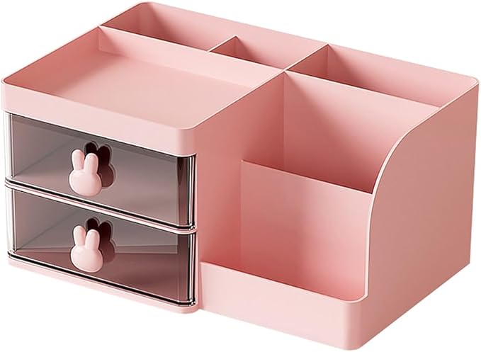 Makeup Storage Organizer with 2 Drawers, Desk Vanity Countertop Skin Care Cosmetic Display Case Make up Stands for Hair Accessories Lipstick Lotions Beauty Skincare Organizing (Pink)