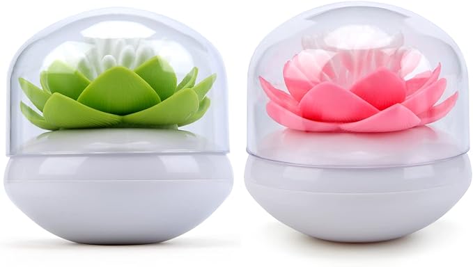 Bloss QTip Cotton Swab Holder Set - Lotus Toothpick Organizer Bathroom Decor Vanity Canister - 2 Pack (Green + Pink)