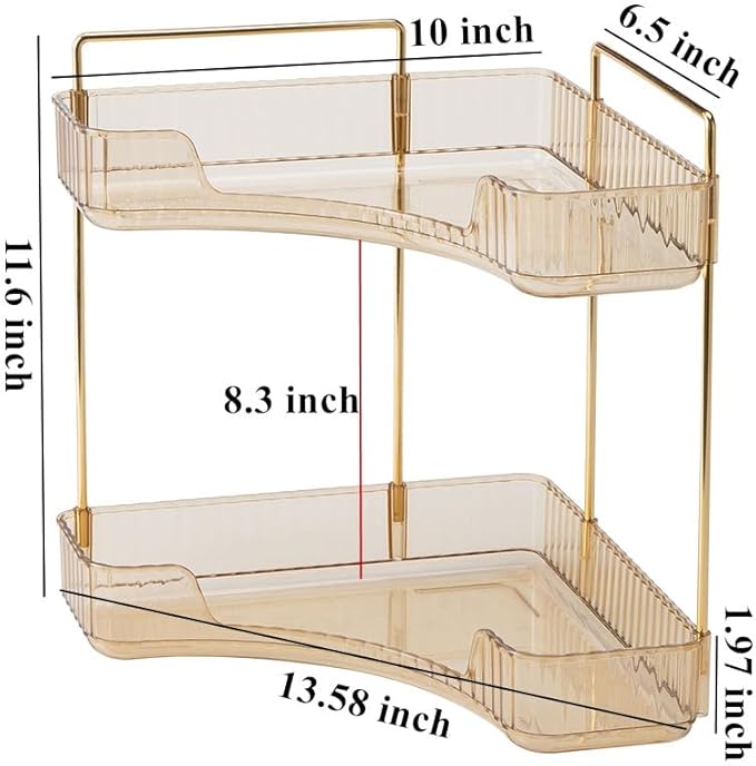 CESTATIVO Corner Bathroom Counter Organizer, Vanity Trays for Bathroom, Skincare Makeup Organizer Shelf, Shelf Cosmetics, Toiletries, Lotions, Perfumes (2 Tiers, Amber)
