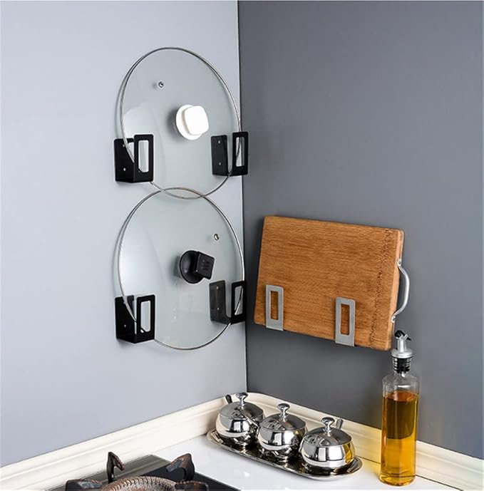 4 Pairs of Wall Mount Pot Lid Organizer, Adjustable Lid Holder ,Cabinet Door Pan Lid Organizer Pot Hangers for Kitchen Wall Mount (Black)