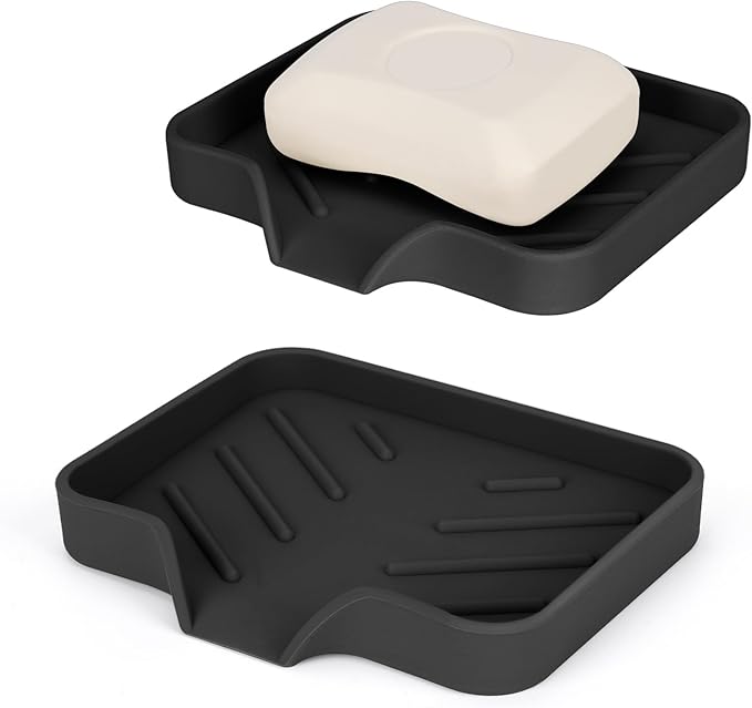 2 Pack Silicone Soap Dish, Self Draining Soap Dish, Non Slip Bar Soap and Sponge Holder for Bathroom Kitchen Sink Counter Organizer Easy to Clean Soap Tray Waterfall Soap Saver