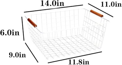 LeleCAT Large white wire baskets with Wooden Handles for storage pantry, Storage Organizer Baskets, Household Refrigerator for Cabinets, Closets, Bedrooms, kitchen - Set of 2（White）