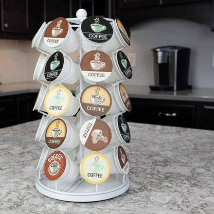 Nifty Solutions Keurig Coffee Pod Holder Carousel 360 Degree Spinning Organizer for K Cups 13 Inch Tall Compact Counter Storage Solution (35 K Cup Holder | White Black)